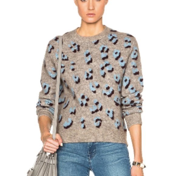 3.1 PHILLIP LIM Leopard Jacquard Pullover Crewneck Wool Blend Sweater XS Oatmeal - Picture 1 of 9